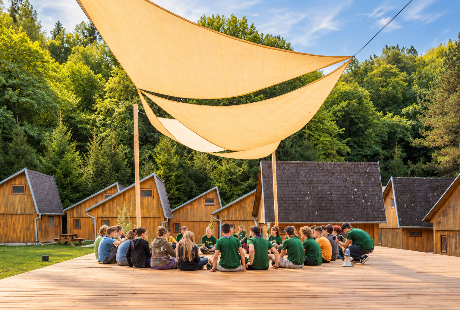 People sitting in a circle on a wooden deck beneath shade sails beside the cottages.