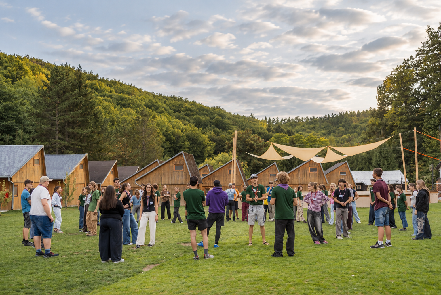 A group taking part in an outdoor activity on the lawn between wooden cottages.