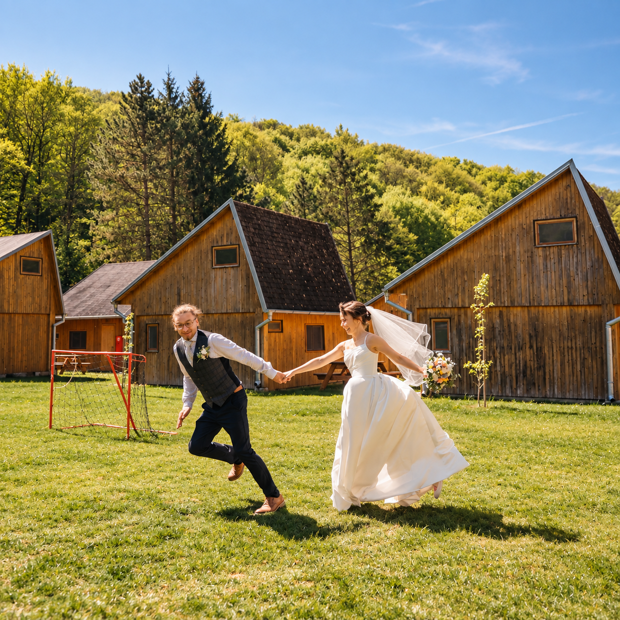 A bride and groom running hand in hand across the lawn in front of wooden cottages.